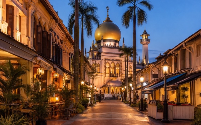 Вечерняя улица Kampong Glam с кафе и подсветкой