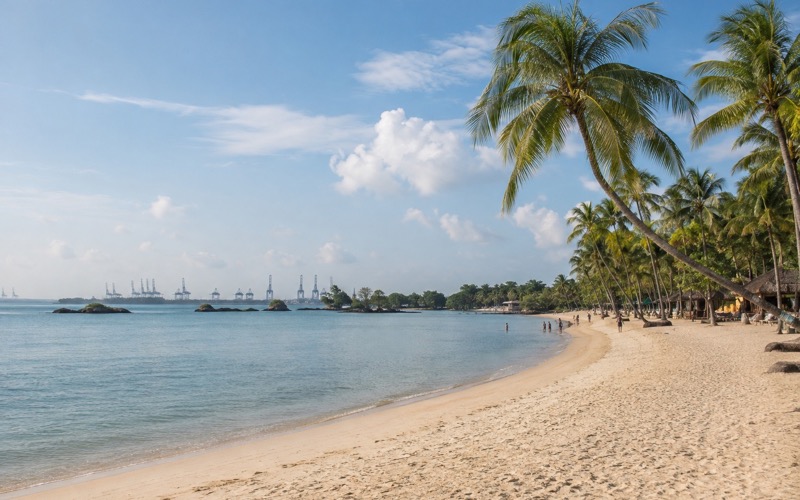 Пальмы, песок и спокойное море на пляже Palawan на Сентозе