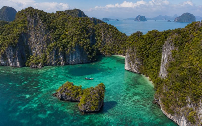 The Emerald Lagoon and limestone islands of the Hong Islands in Krabi Province