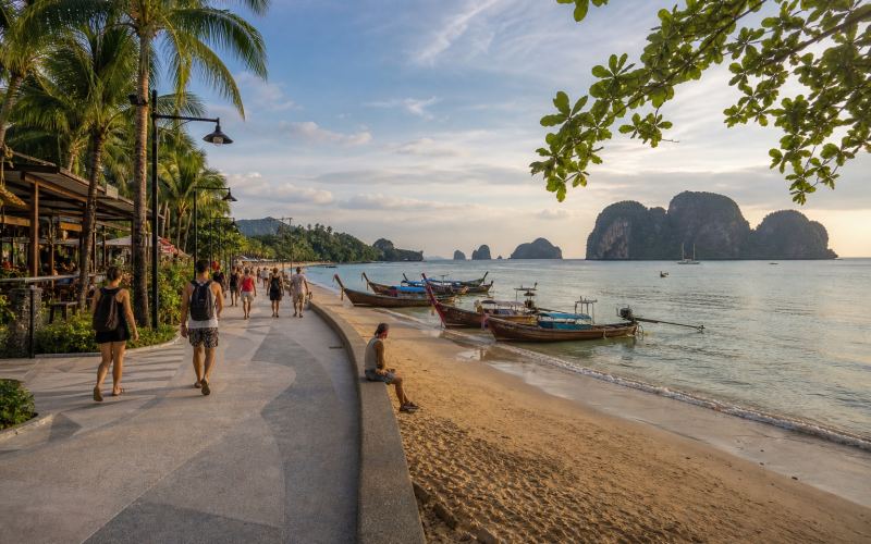 The beach promenade, boats, and islands at Ao Nang Resort in Krabi