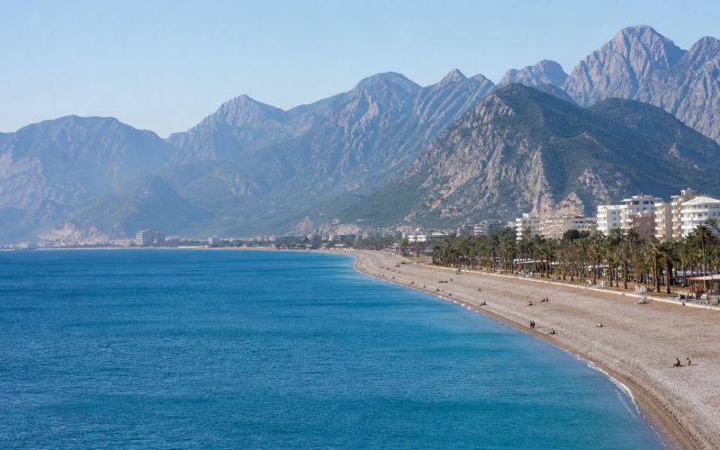 Konyaalti Beach in Antalya with its turquoise sea and the Taurus Mountains