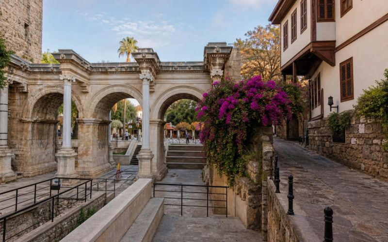 Hadrian's Gate and the historic street of Kaleici district in Antalya