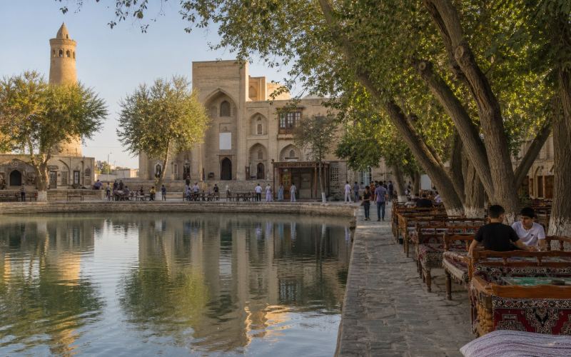 A pond, shady trees, and historic buildings at Lyabi-Khauz Square in Bukhara